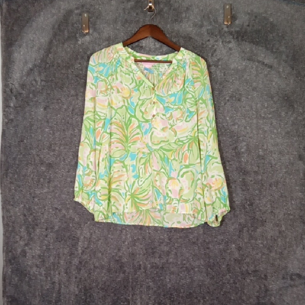 Lilly Pulitzer Pastel Floral Blouse Elsa Silk Top Vacation Resort Womens Small